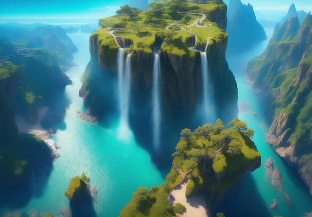 A waterfall on a cliff with a green island in the middle.