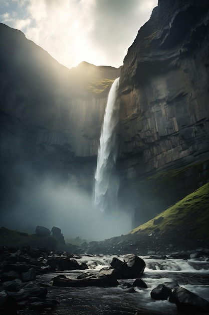 waterfall coming out mountain rocks foreground natural light mists solid background reduce