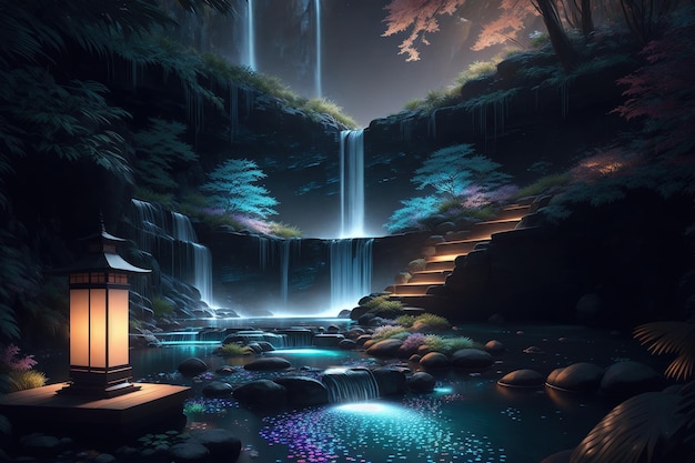 A waterfall in a dark forest with a waterfall in the background