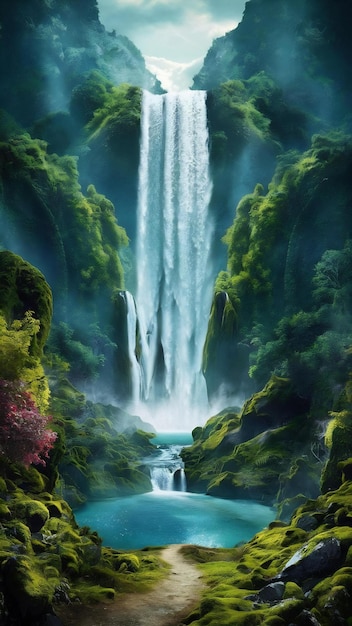 Waterfall in deep forest on mountain