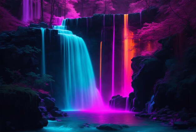 Водопад в глубоком лесу ночью с длинной выдержкой и неоновым светом