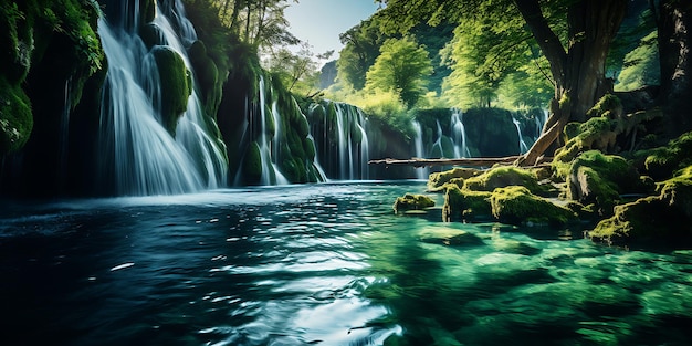 Водопад в глубоком лесу в Национальном парке Плитвицких озер в Хорватии