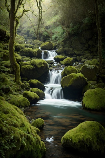 Waterfall downhill into a tranquil lagoon surrounded by mossy rocks and lush greenery