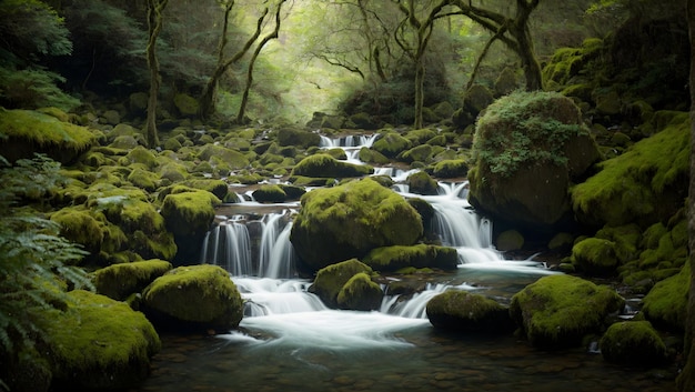 Waterfall downhill into a tranquil lagoon surrounded by mossy rocks and lush greenery