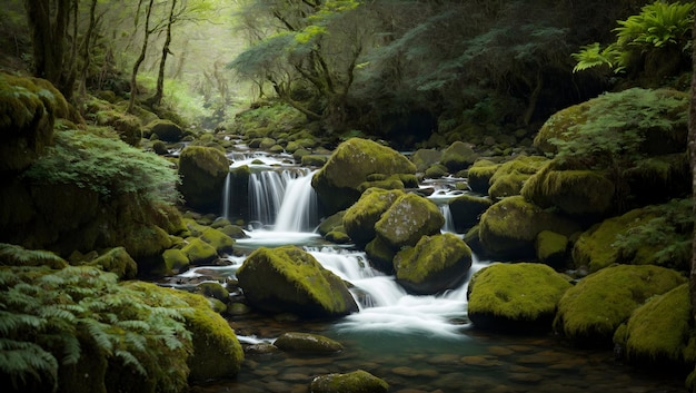 Водопад спускается вниз в спокойную лагуну, окруженную мшистыми скалами и пышной зеленью.