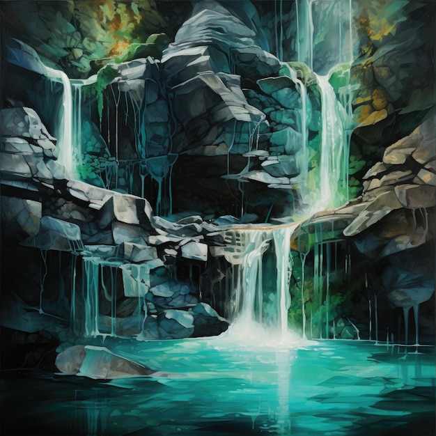 A waterfall of emerald and turquoise cascading down a rocky cliff