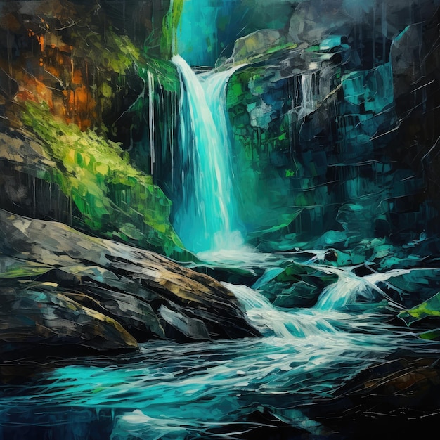 A waterfall of emerald and turquoise cascading down a rocky cliff