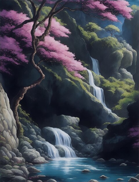 Photo waterfall in the fairy forest wall mural poster or picture for home generative ai