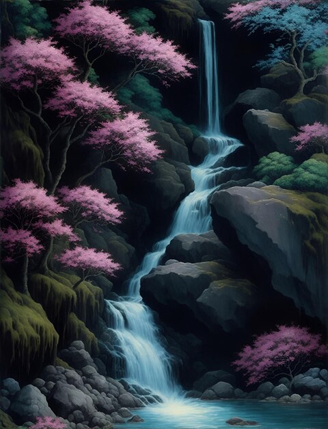 Водопад в сказочном лесу Настенная фреска плакат или картина для дома Генеративный ИИ