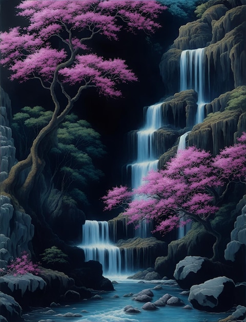 Photo waterfall in the fairy forest wall mural poster or picture for home generative ai