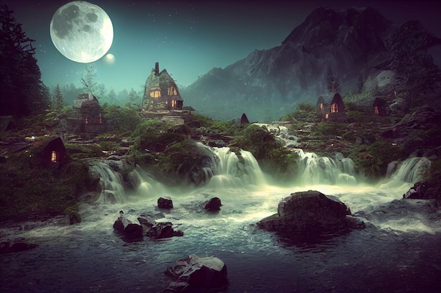 A Waterfall falling From Underneath an Elven House Concept Art Background Image