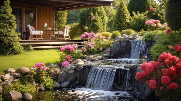 Photo waterfall and flowers decor in cozy garden during