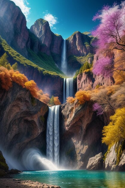 The waterfall flowing down from the mountain forms a beautiful rainbow