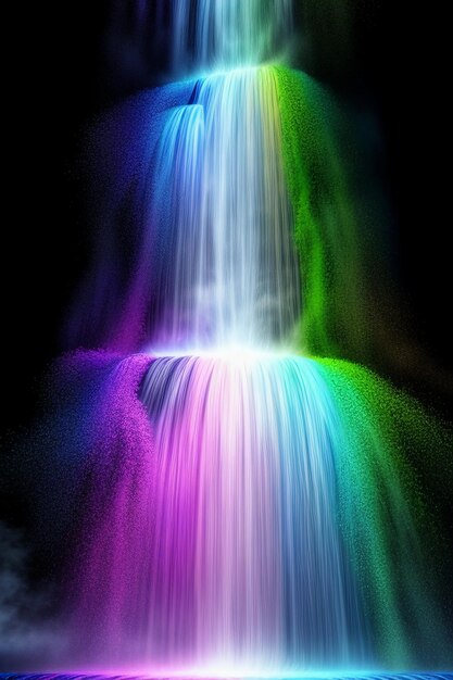 The waterfall flowing down from the mountain forms a beautiful rainbow