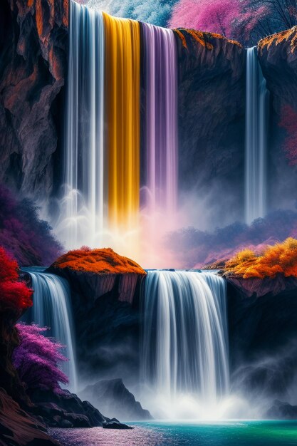 The waterfall flowing down from the mountain forms a beautiful rainbow