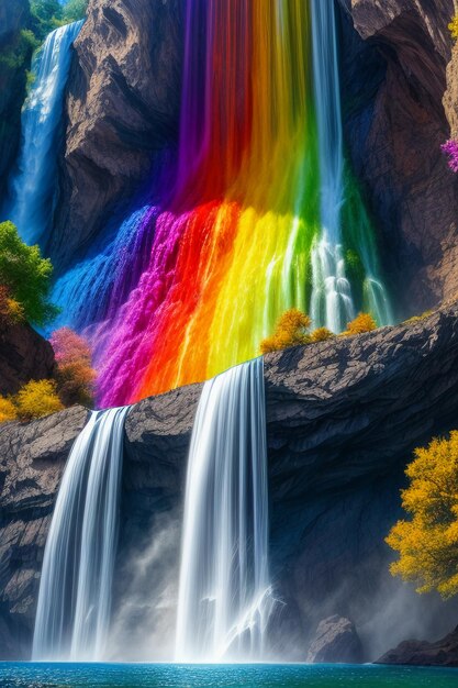 Photo the waterfall flowing down from the mountain forms a beautiful rainbow