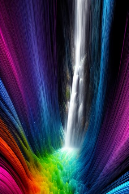 The waterfall flowing down from the mountain forms a beautiful rainbow