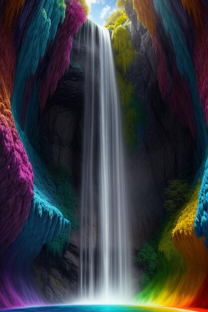 Photo the waterfall flowing down from the mountain forms a beautiful rainbow