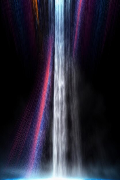 The waterfall flowing down from the mountain forms a beautiful rainbow