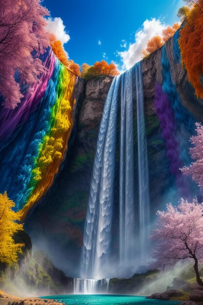 The waterfall flowing down from the mountain forms a beautiful rainbow