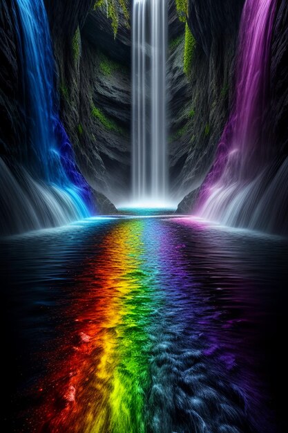 The waterfall flowing down from the mountain forms a beautiful rainbow