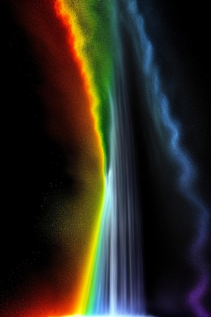 The waterfall flowing down from the mountain forms a beautiful rainbow