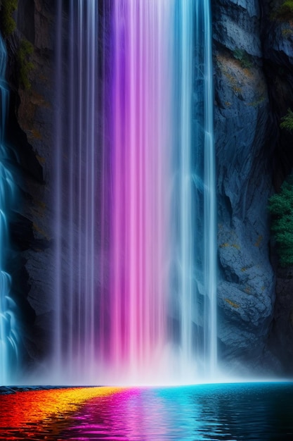 Foto la cascata che scorre dalla montagna forma un bellissimo arcobaleno