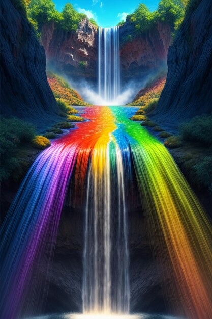 The waterfall flowing down from the mountain forms a beautiful rainbow