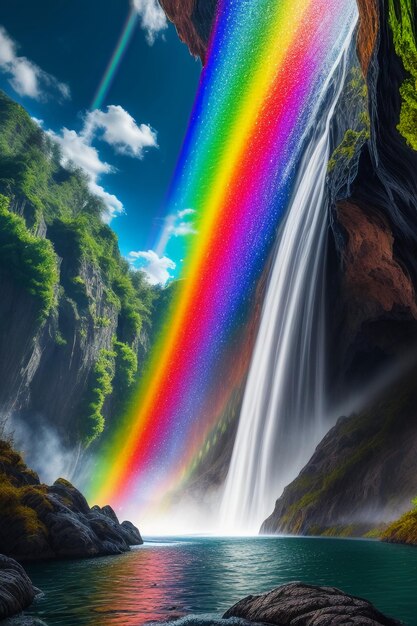 Photo the waterfall flowing down from the mountain forms a beautiful rainbow