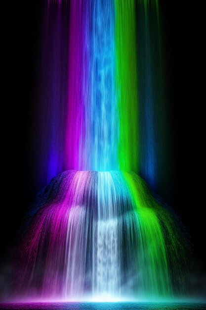 Photo the waterfall flowing down from the mountain forms a beautiful rainbow