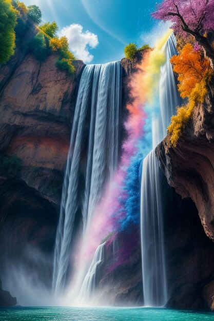 The waterfall flowing down from the mountain forms a beautiful rainbow