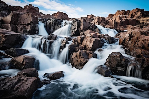 Photo a waterfall flowing over rocks in a rocky area