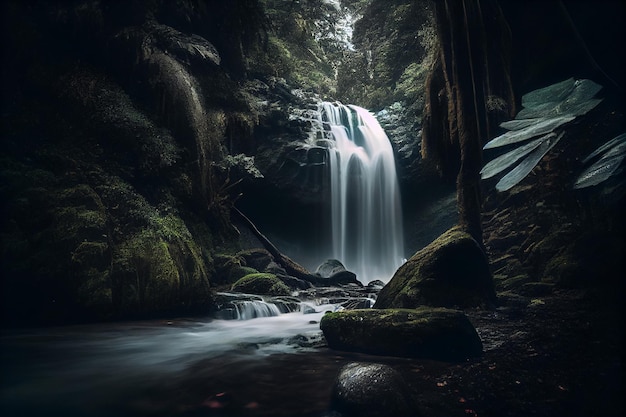 Photo waterfall flowing through a lush green forest generative ai