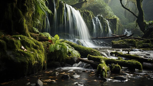 Photo the waterfall flows with splashing drops in the morning