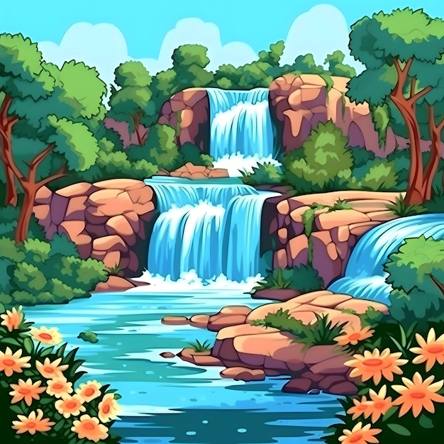 Waterfall in the forest in cartoon style