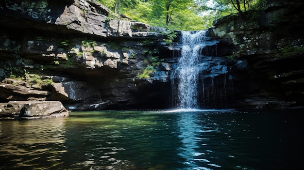 Photo waterfall in the forest generative ai