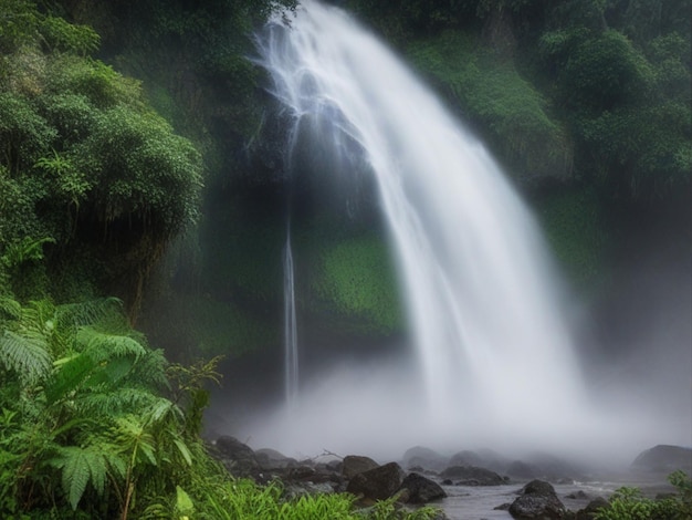 a waterfall in the forest is surrounded by lush green ferns