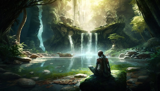 waterfall in the forest, meditation wallpaper