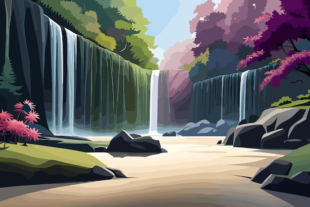 Waterfall in the forest Vector illustration in a flat style