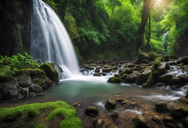 waterfall in the forest water flows down the mountainside