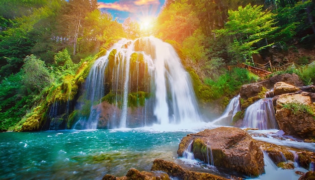 Photo waterfall in the forest waterfal scene beautiful landscape