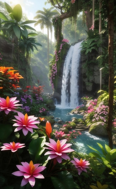 A waterfall in forest with blooming flowers Generative AI Illustration