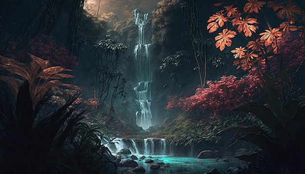 A waterfall in a forest with a blue sky and a tree with red leaves