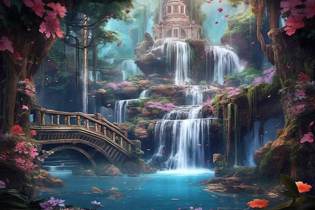 A waterfall in a forest with a bridge and flowers