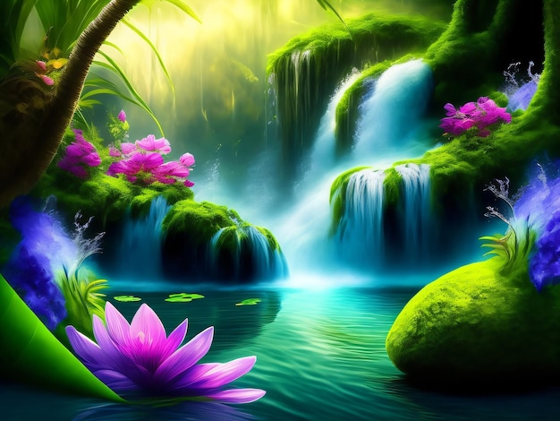 A waterfall in the forest with a flower