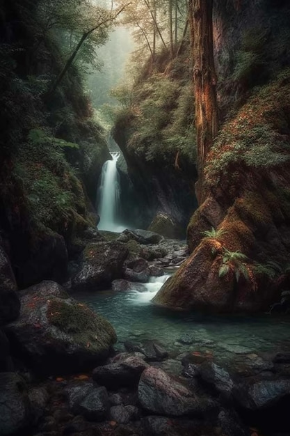 A waterfall in a forest with a forest in the background