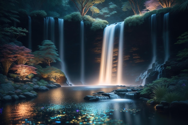 A waterfall in a forest with a glowing light