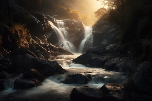 A waterfall in the forest with a golden glow.