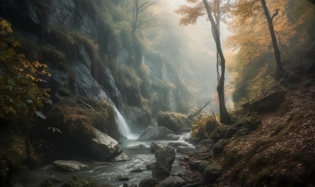 A waterfall in a forest with a golden glow.