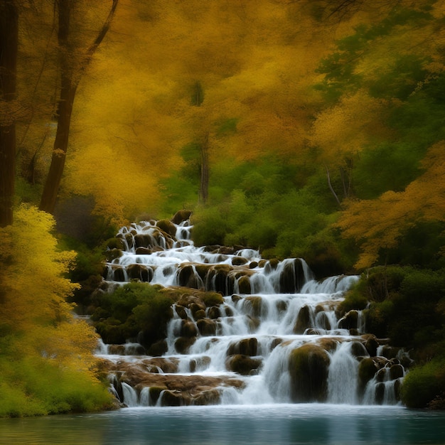 A waterfall in a forest with a golden leaf on the bottom.